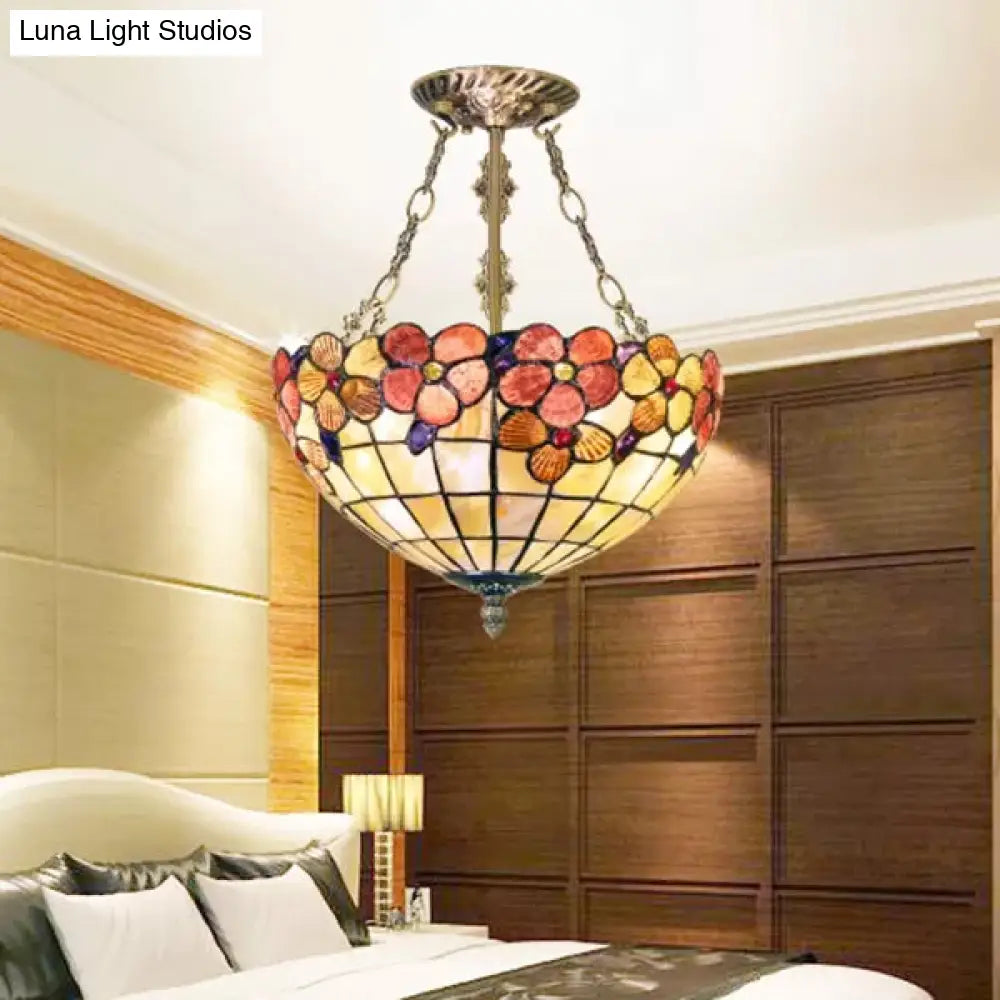 DecorBites™ DecorBites™ LED Bedroom Ceiling Light - Tiffany Style Floral Semi Flush in Aged Brass with Art Glass Shade