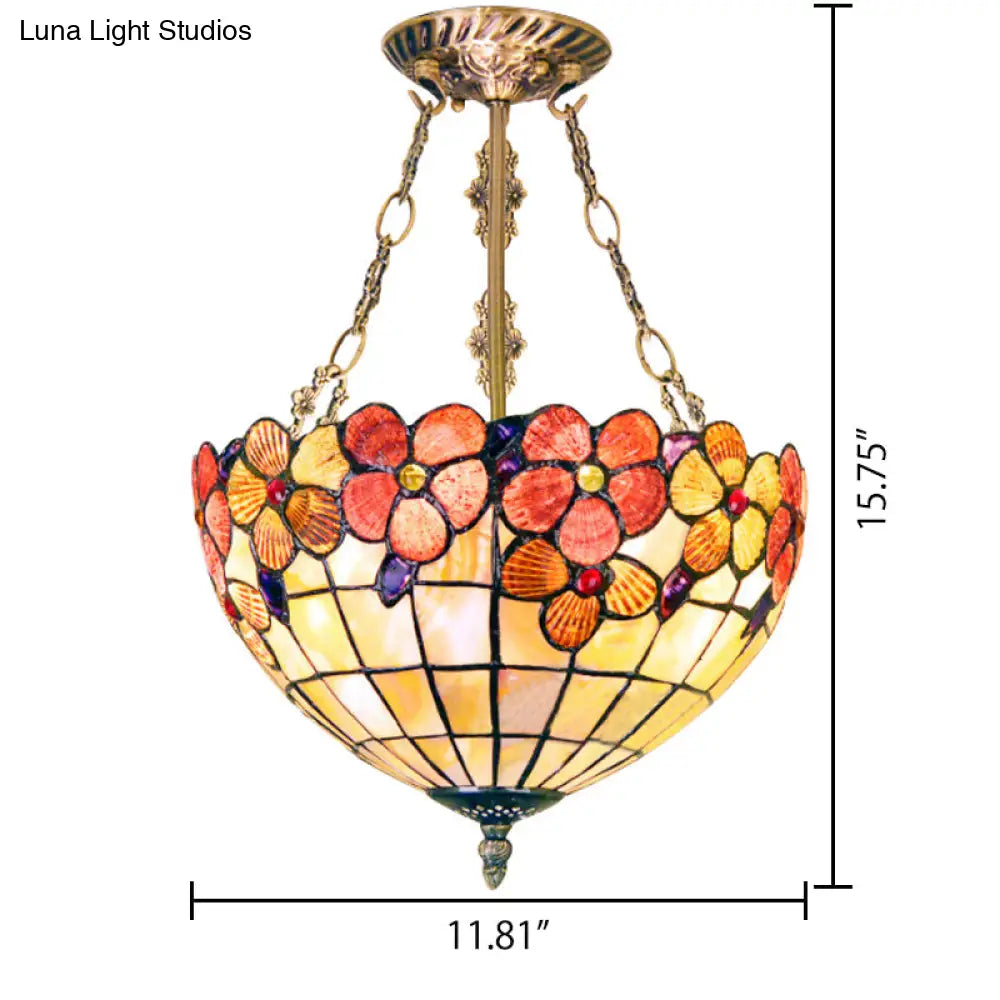 DecorBites™ DecorBites™ LED Bedroom Ceiling Light - Tiffany Style Floral Semi Flush in Aged Brass with Art Glass Shade