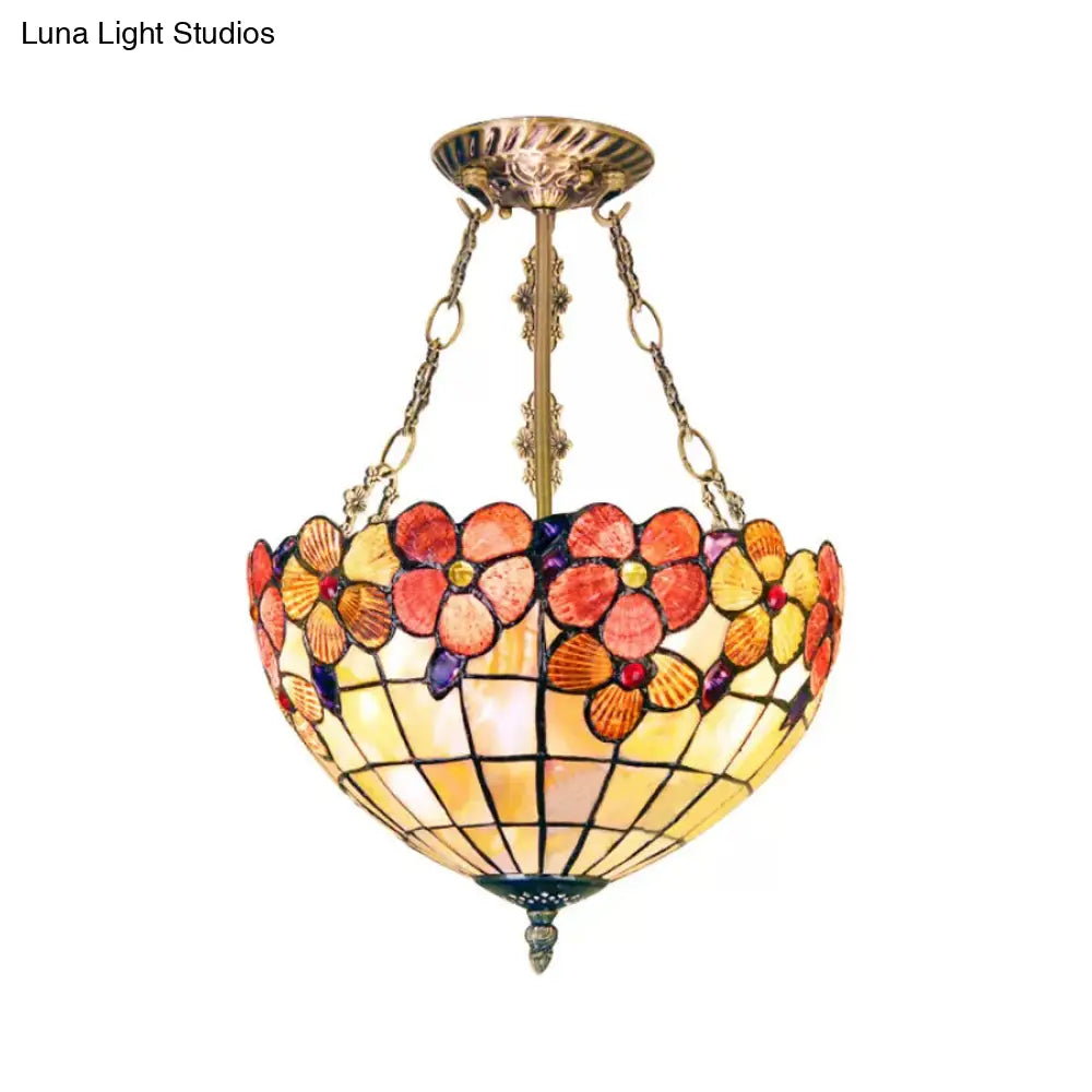 DecorBites™ DecorBites™ LED Bedroom Ceiling Light - Tiffany Style Floral Semi Flush in Aged Brass with Art Glass Shade
