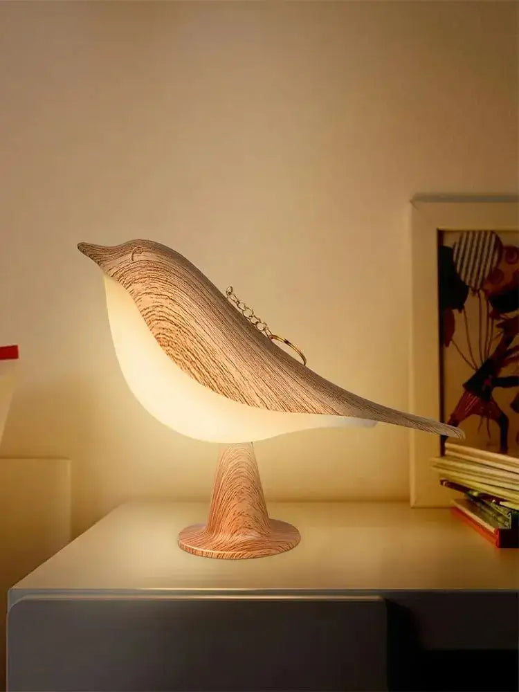 Decorbites art deco bird lamp bedside lamp with wooden texture and smooth white interior warm soft glow