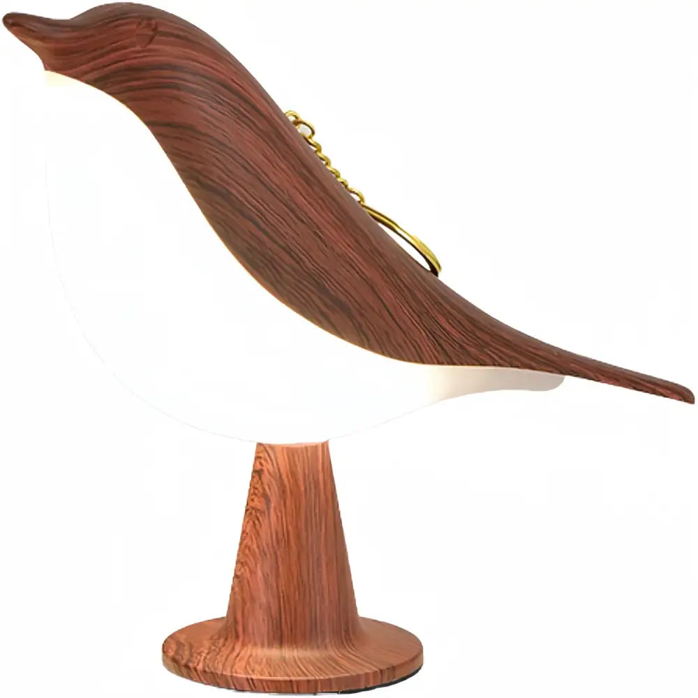 Wood-grain finished art deco bird lamp with white illuminated body and gold keychain bedside lamp usb-c cordless rechargeable