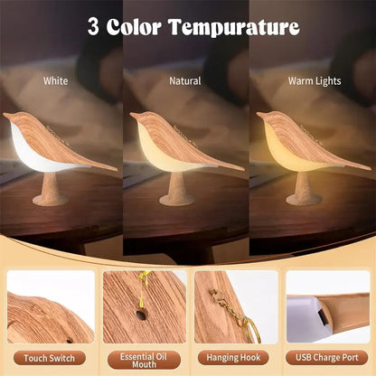 Wooden decorbites bird lamp with natural wood grain finish and three color temperature settings for bedside use