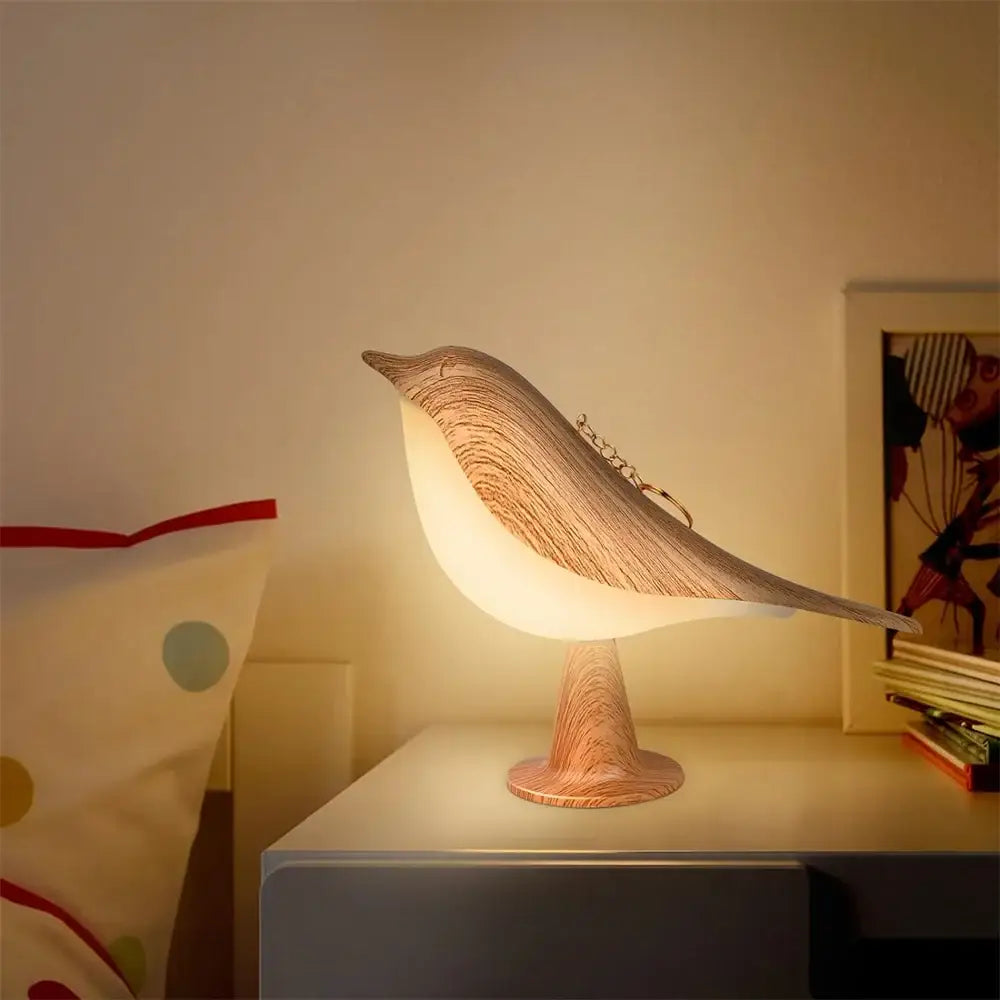 Wooden bird lamp with natural grain texture and warm glow bedside lamp art deco usb rechargeable decorbites