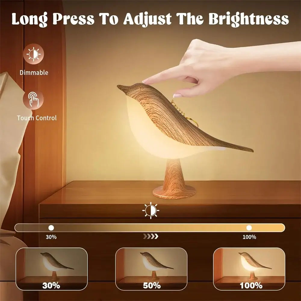 Wooden bird lamp bedside lamp with warm glowing light touch control art deco design usb cordless rechargeable battery