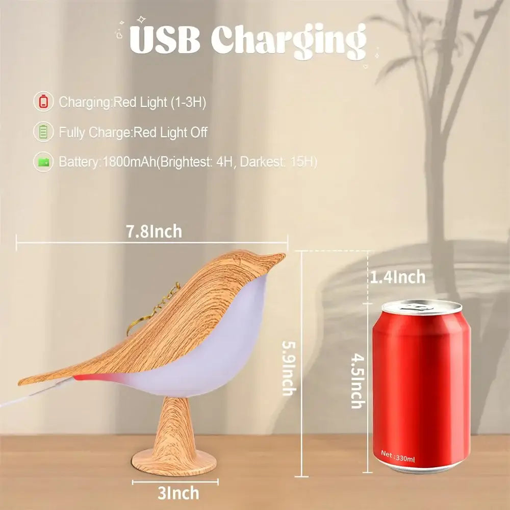 DecorBites™ art deco bird lamp with a light purple body and natural wood wings, usb cordless bedside lamp