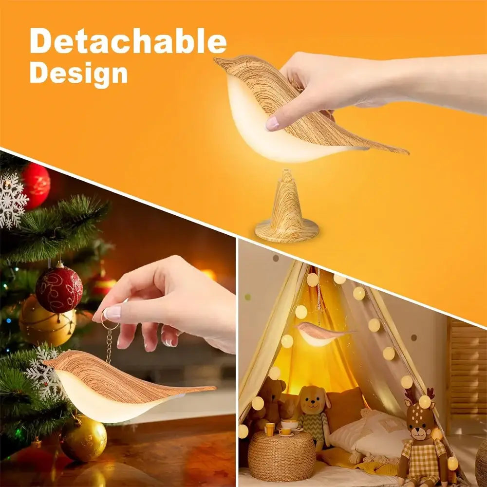 Wooden art deco bird lamp with warm glowing light, detachable design, cordless usb rechargeable bedside lamp by decorbites