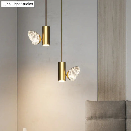 LED Brass Spotlight Pendant Light with Twig and Butterfly Design, Simple Style and Acrylic Shade