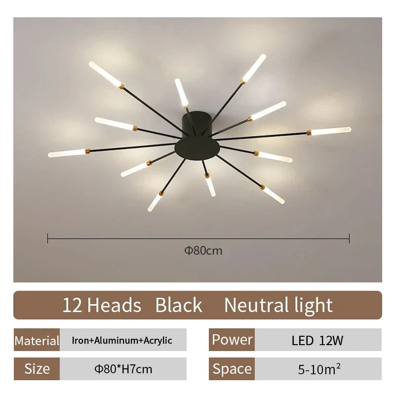 LED Ceiling Chandelier Light Nordic Design - Black 12 heads / Neutral Light