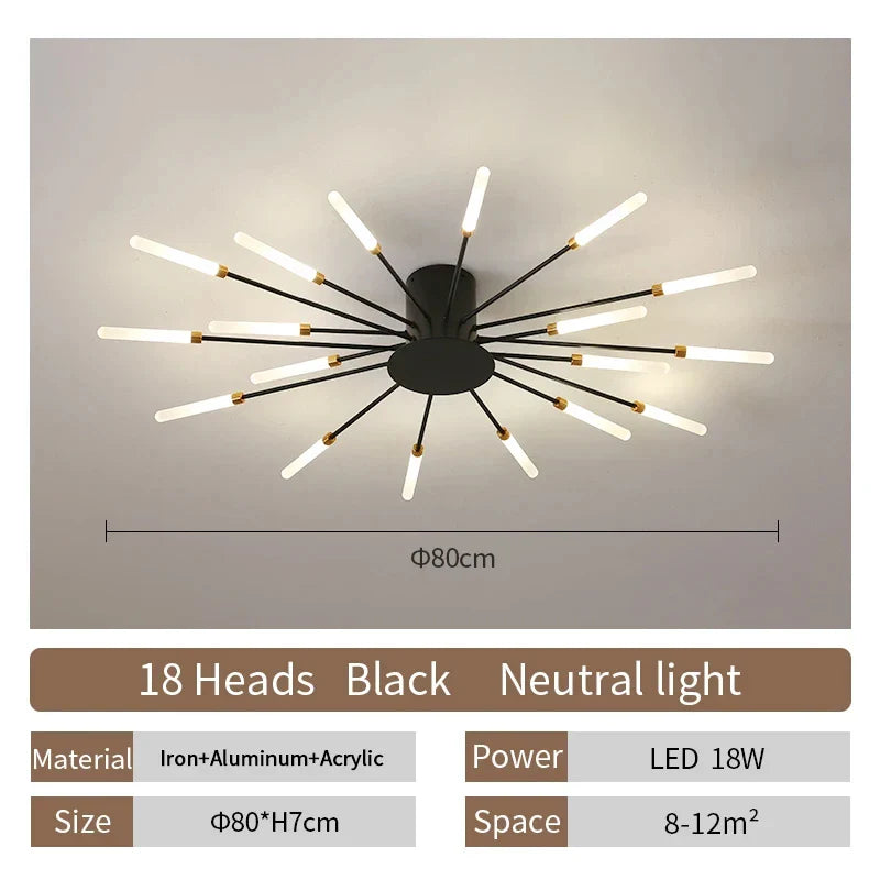 LED Ceiling Chandelier Light Nordic Design - Black 18 heads / Neutral Light
