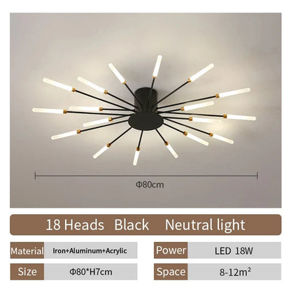 LED Ceiling Chandelier Light Nordic Design - Black 18 heads / Neutral Light