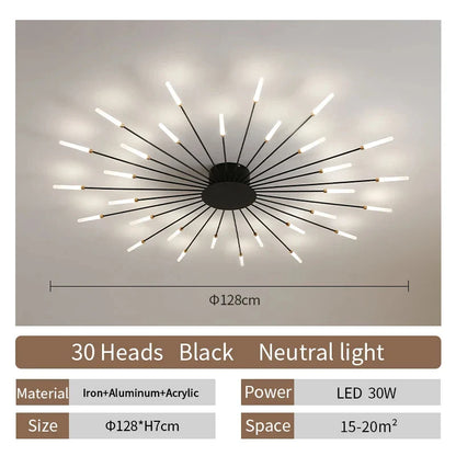 LED Ceiling Chandelier Light Nordic Design - Black 30 heads / Neutral Light