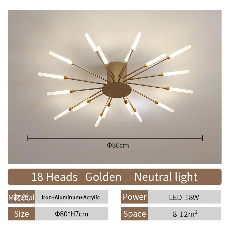 LED Ceiling Chandelier Light Nordic Design - Gold 18 heads / Neutral Light