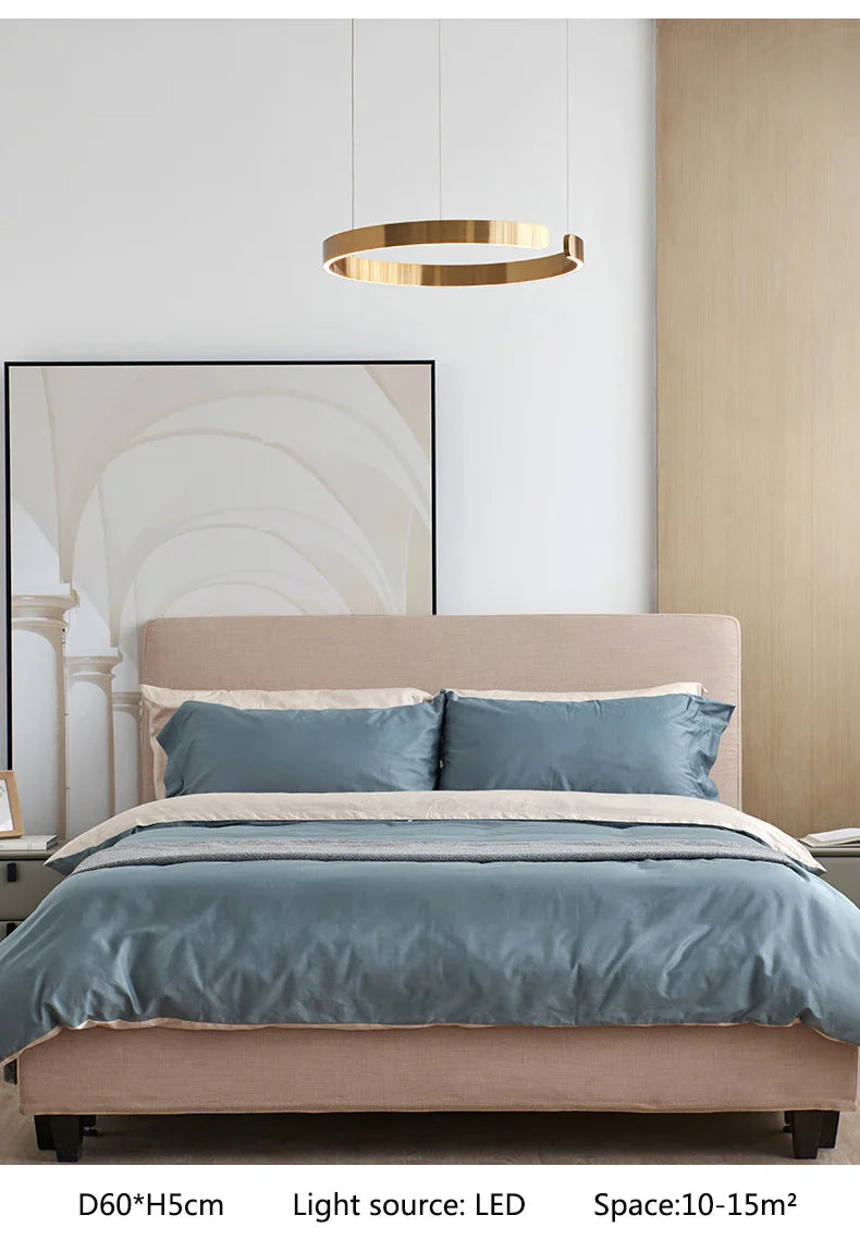 Gold-toned circular led chandelier light with sleek modern design for dining room kitchen study and bedroom lighting fixtures