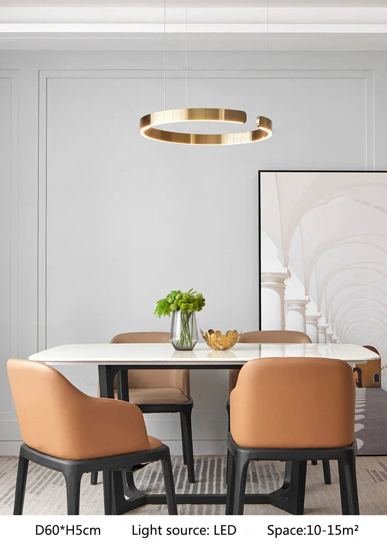Gold-toned circular led chandelier light with sleek modern design for study dining room kitchen and bar fixtures