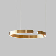 A sleek modern led chandelier light with brushed gold finish and open circular design for dining room or kitchen