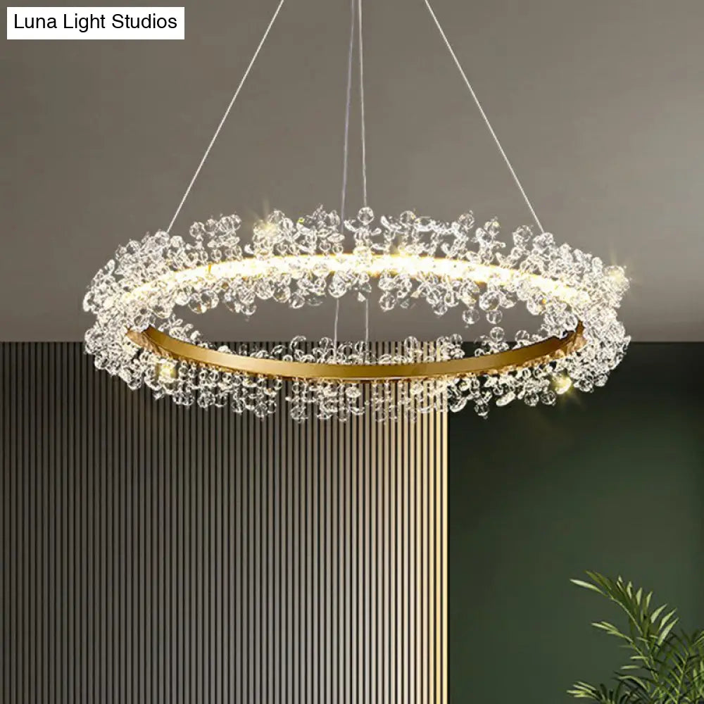 LED Circle Chandelier with Crystal Beads - Elegant Living Room Pendant Light