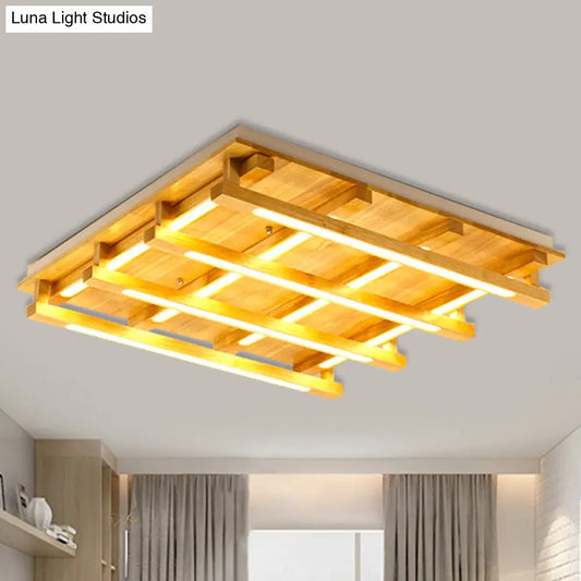 DecorBites™ DecorBites™ LED Flush Ceiling Light with Square Wood Shade - Modernist Brown Finish for Living Room (1/4/9 Lights) - White/Warm Light