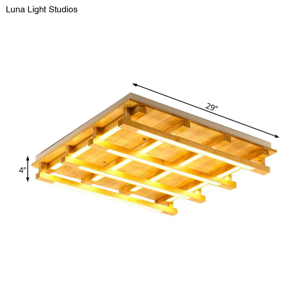 DecorBites™ DecorBites™ LED Flush Ceiling Light with Square Wood Shade - Modernist Brown Finish for Living Room (1/4/9 Lights) - White/Warm Light