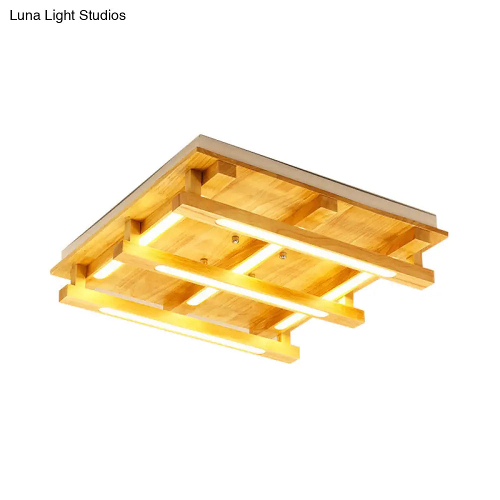 DecorBites™ DecorBites™ LED Flush Ceiling Light with Square Wood Shade - Modernist Brown Finish for Living Room (1/4/9 Lights) - White/Warm Light