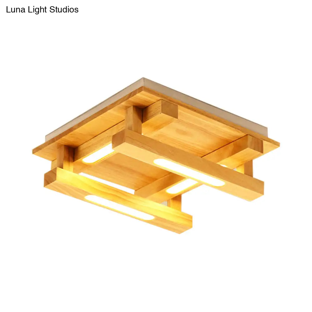 DecorBites™ DecorBites™ LED Flush Ceiling Light with Square Wood Shade - Modernist Brown Finish for Living Room (1/4/9 Lights) - White/Warm Light