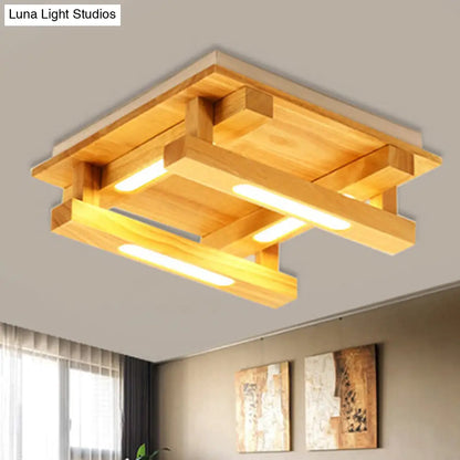 DecorBites™ DecorBites™ LED Flush Ceiling Light with Square Wood Shade - Modernist Brown Finish for Living Room (1/4/9 Lights) - White/Warm Light