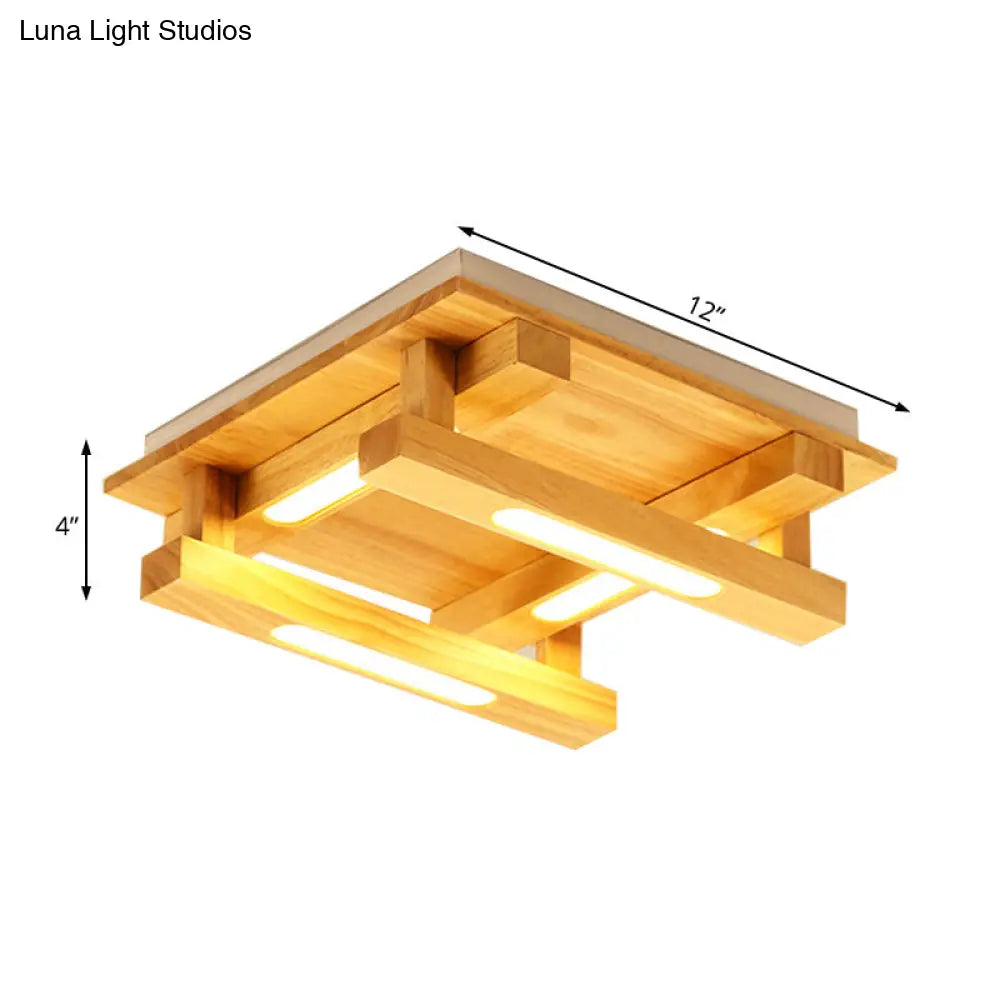 DecorBites™ DecorBites™ LED Flush Ceiling Light with Square Wood Shade - Modernist Brown Finish for Living Room (1/4/9 Lights) - White/Warm Light