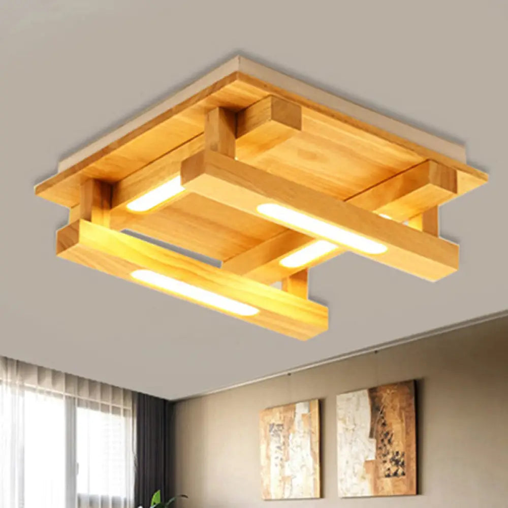 DecorBites™ DecorBites™ LED Flush Ceiling Light with Square Wood Shade - Modernist Brown Finish for Living Room (1/4/9 Lights) - White/Warm Light
