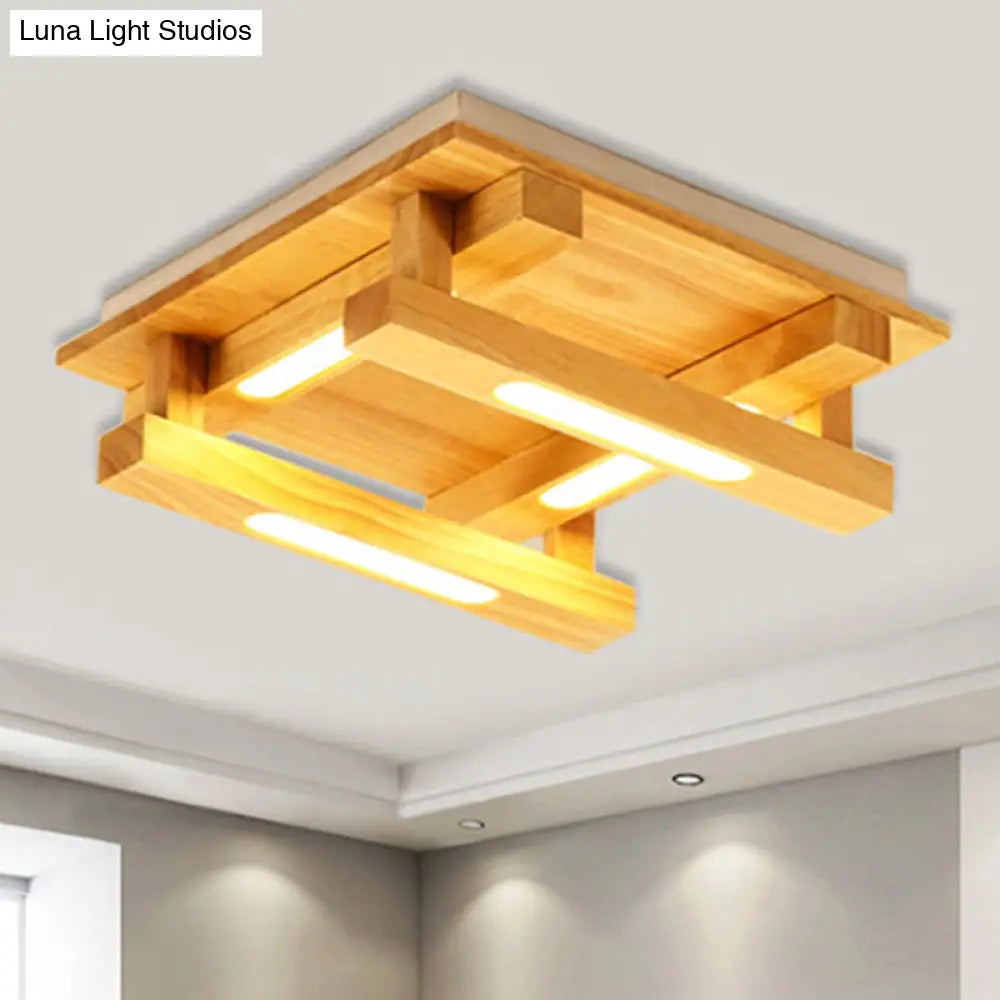 DecorBites™ DecorBites™ LED Flush Ceiling Light with Square Wood Shade - Modernist Brown Finish for Living Room (1/4/9 Lights) - White/Warm Light