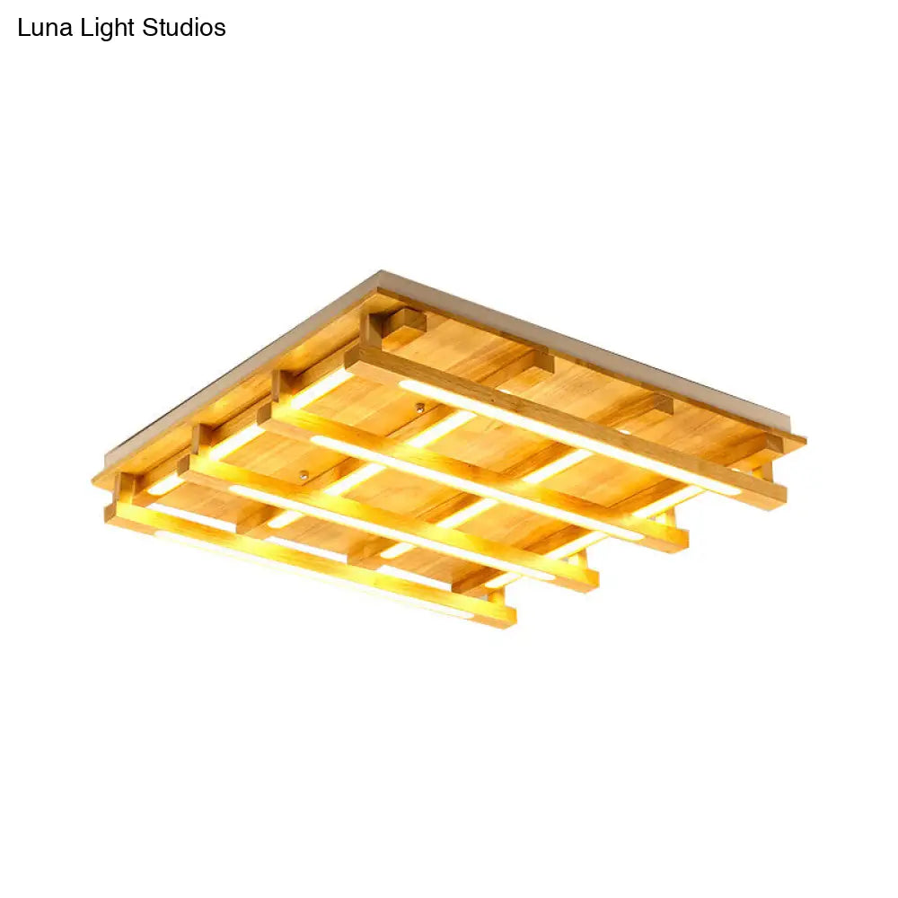 DecorBites™ DecorBites™ LED Flush Ceiling Light with Square Wood Shade - Modernist Brown Finish for Living Room (1/4/9 Lights) - White/Warm Light