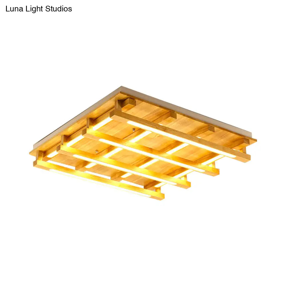 DecorBites™ DecorBites™ LED Flush Ceiling Light with Square Wood Shade - Modernist Brown Finish for Living Room (1/4/9 Lights) - White/Warm Light