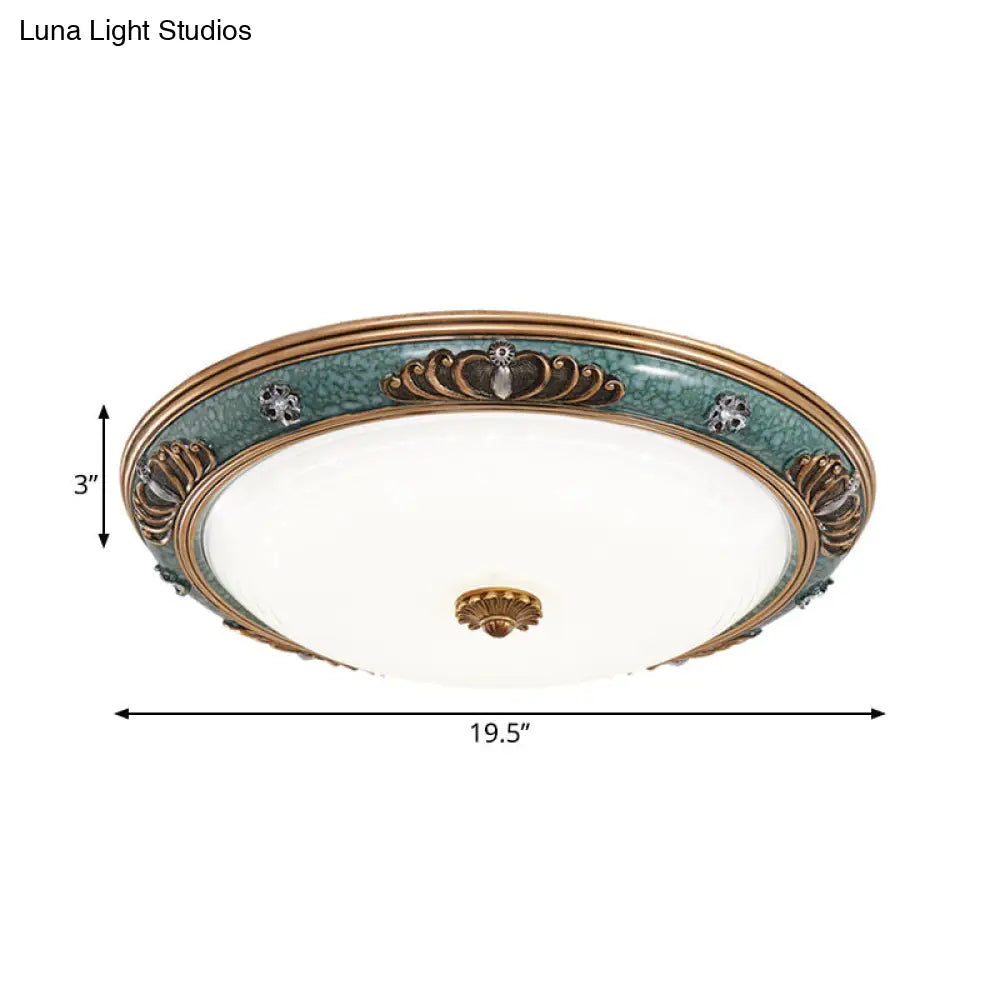 DecorBites™ DecorBites™ LED Flush Light Fixture with Milky Glass and Traditional Green Crown Design - Wide Sizes Available in Warm or White Light for Living Room Ceiling Lighting