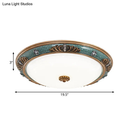 DecorBites™ DecorBites™ LED Flush Light Fixture with Milky Glass and Traditional Green Crown Design - Wide Sizes Available in Warm or White Light for Living Room Ceiling Lighting