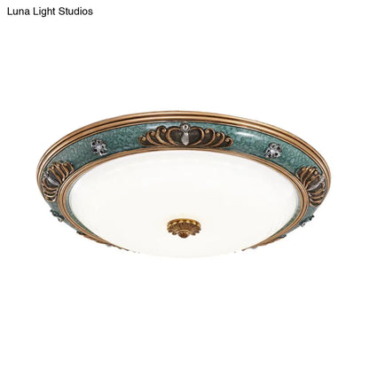 DecorBites™ DecorBites™ LED Flush Light Fixture with Milky Glass and Traditional Green Crown Design - Wide Sizes Available in Warm or White Light for Living Room Ceiling Lighting