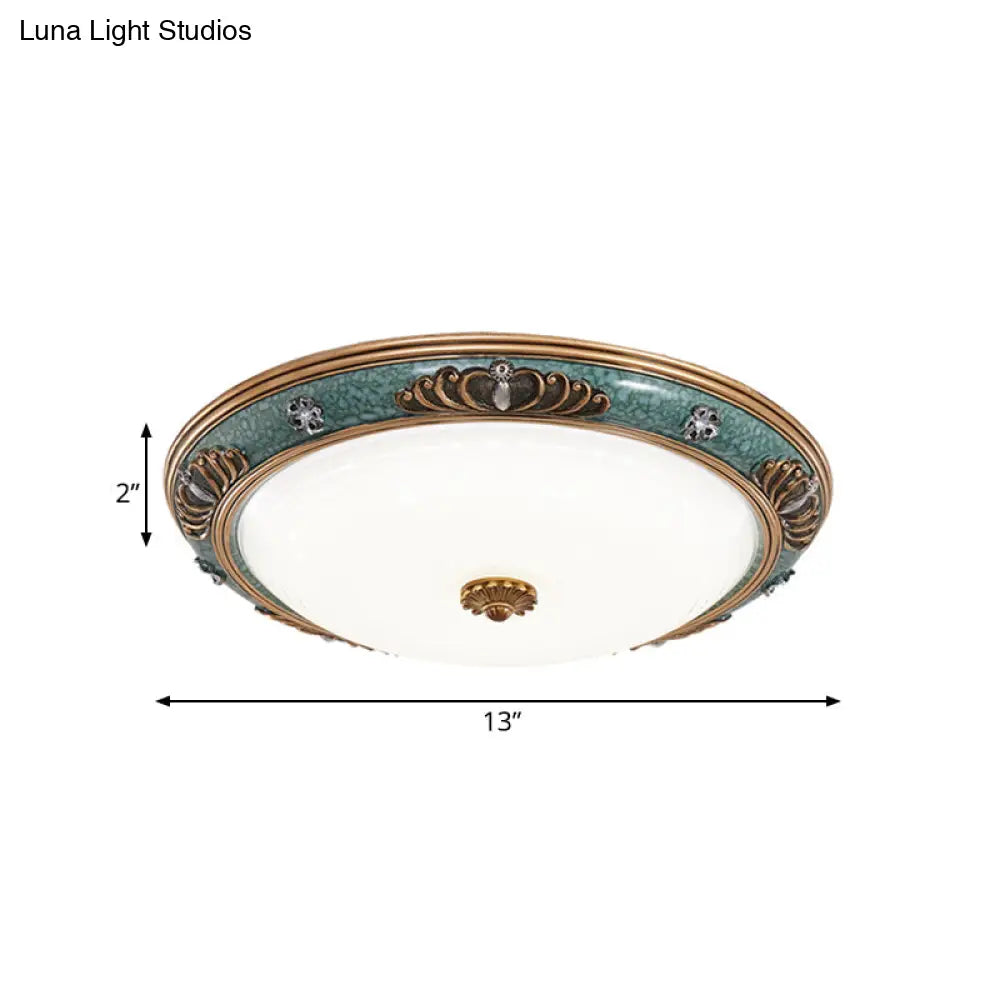 DecorBites™ DecorBites™ LED Flush Light Fixture with Milky Glass and Traditional Green Crown Design - Wide Sizes Available in Warm or White Light for Living Room Ceiling Lighting