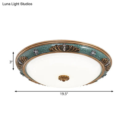 DecorBites™ DecorBites™ LED Flush Light Fixture with Milky Glass and Traditional Green Crown Design - Wide Sizes Available in Warm or White Light for Living Room Ceiling Lighting