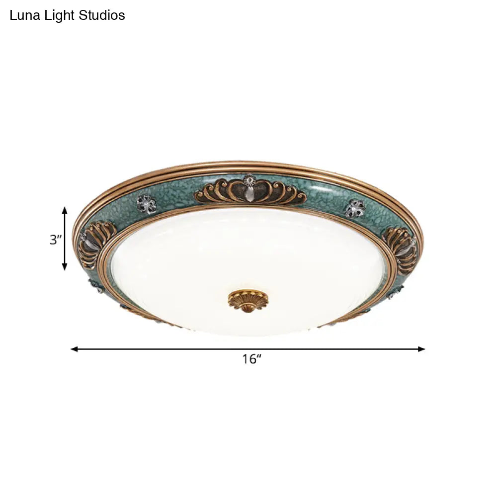 DecorBites™ DecorBites™ LED Flush Light Fixture with Milky Glass and Traditional Green Crown Design - Wide Sizes Available in Warm or White Light for Living Room Ceiling Lighting