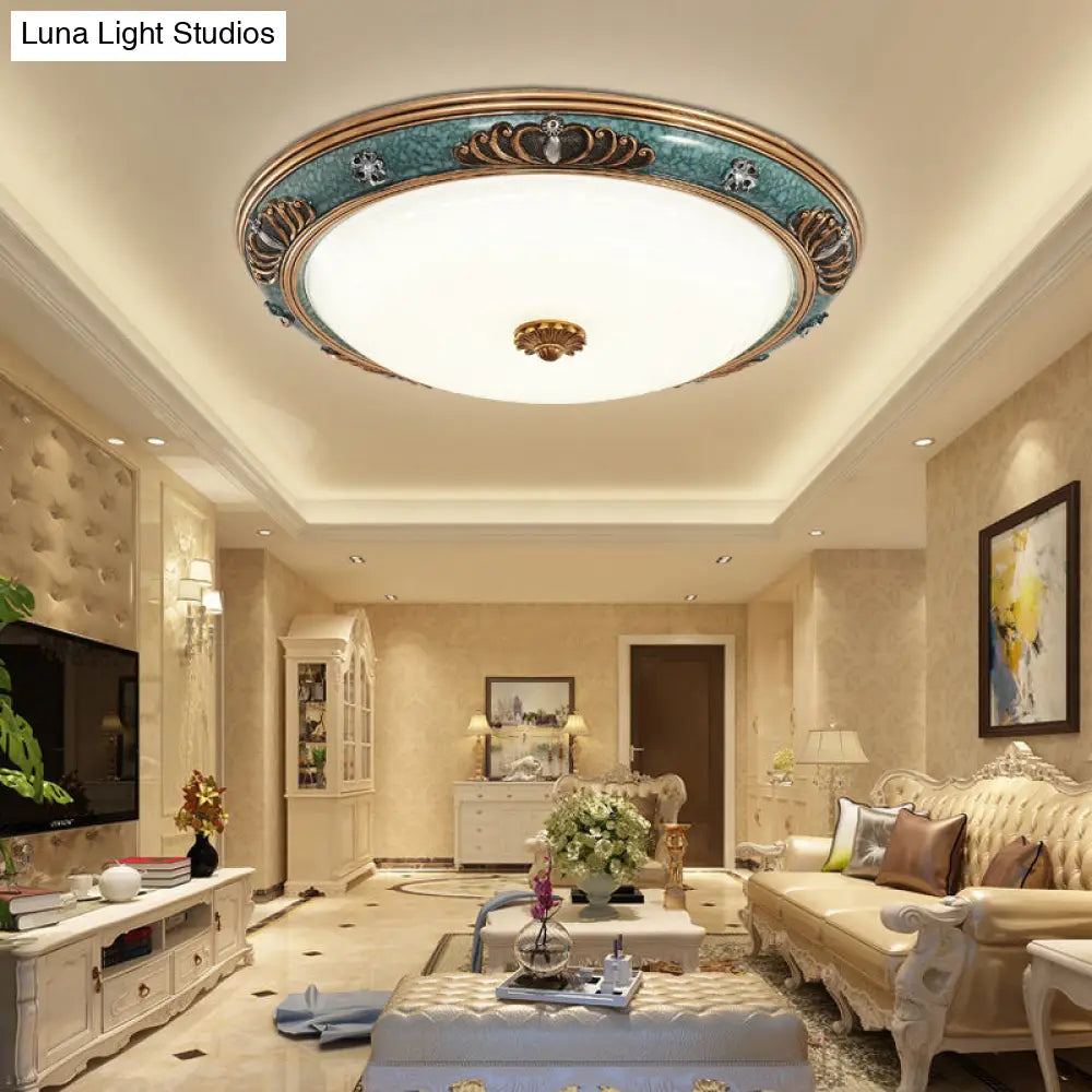 DecorBites™ DecorBites™ LED Flush Light Fixture with Milky Glass and Traditional Green Crown Design - Wide Sizes Available in Warm or White Light for Living Room Ceiling Lighting