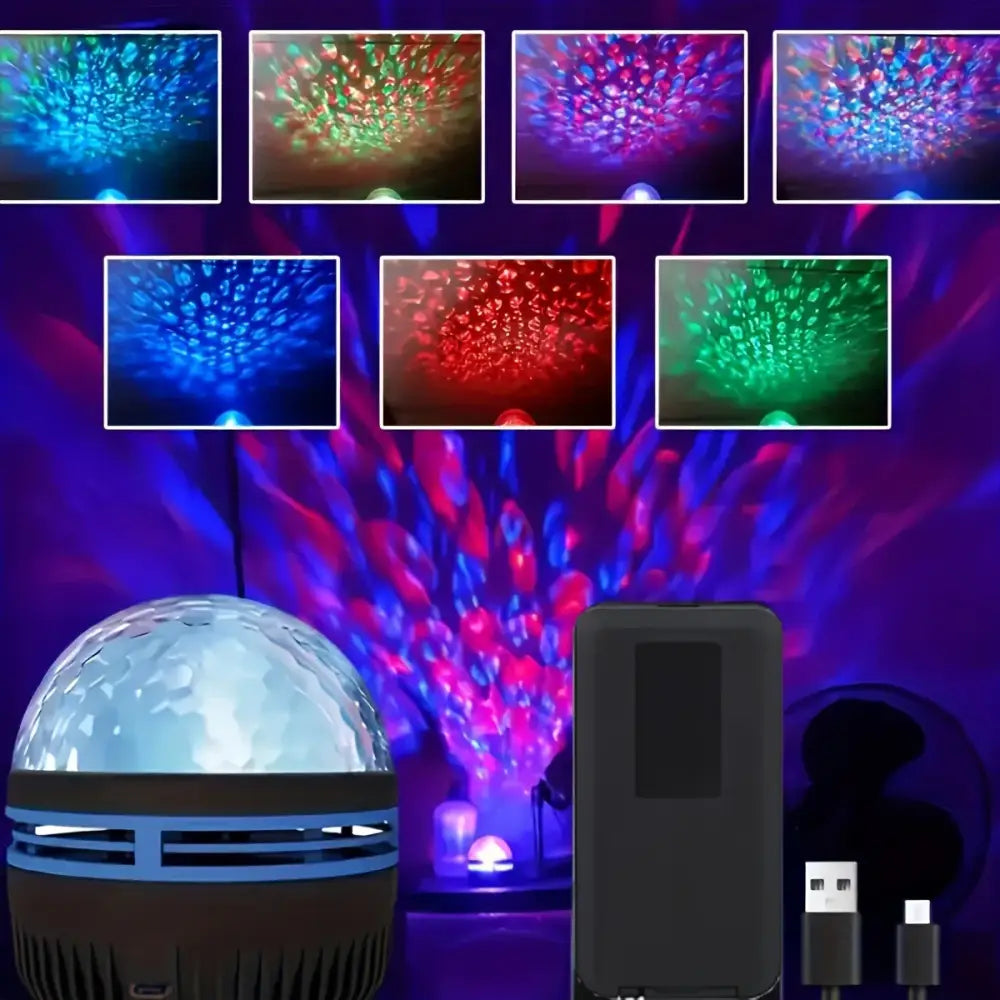 A multifaceted translucent crystal globe led galaxy star projector with black base and blue accent ring for night light use