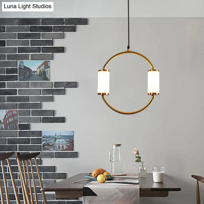 LED Hanging Pendant with White Glass Cylinder Shade and Brass Design – Simple Style