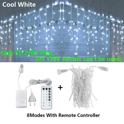 LED Icicle String Lights - Outdoor Holiday Decor - 8 modes with remote / 5M
