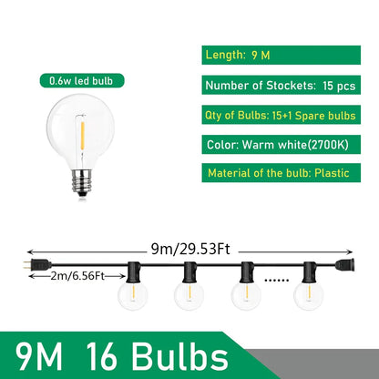 LED Outdoor String Lights for Wedding Party - 9M 15 Bulb / EU plug 220V