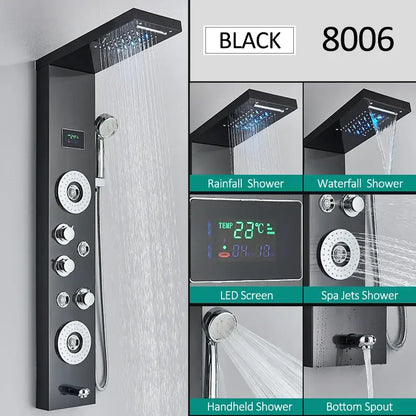 LED Shower Panel Tower System Rain Waterfall Shower Column Hydroelectricity LCD Display With Massage Body Spa Bath Shower Faucet