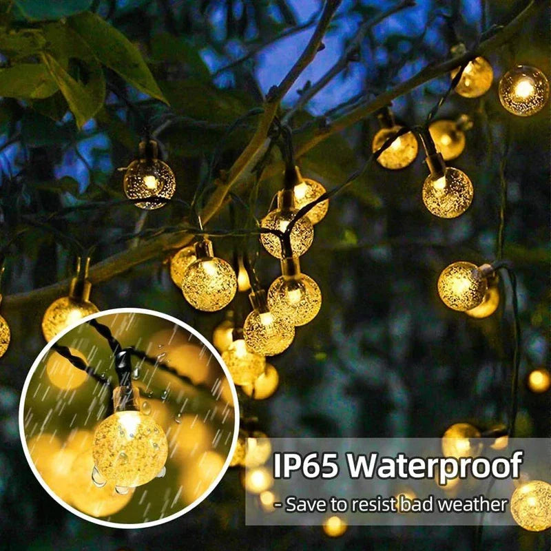 Golden crackled glass solar crystal globe string lights with warm white led light and ip65 waterproof rating for outdoor use