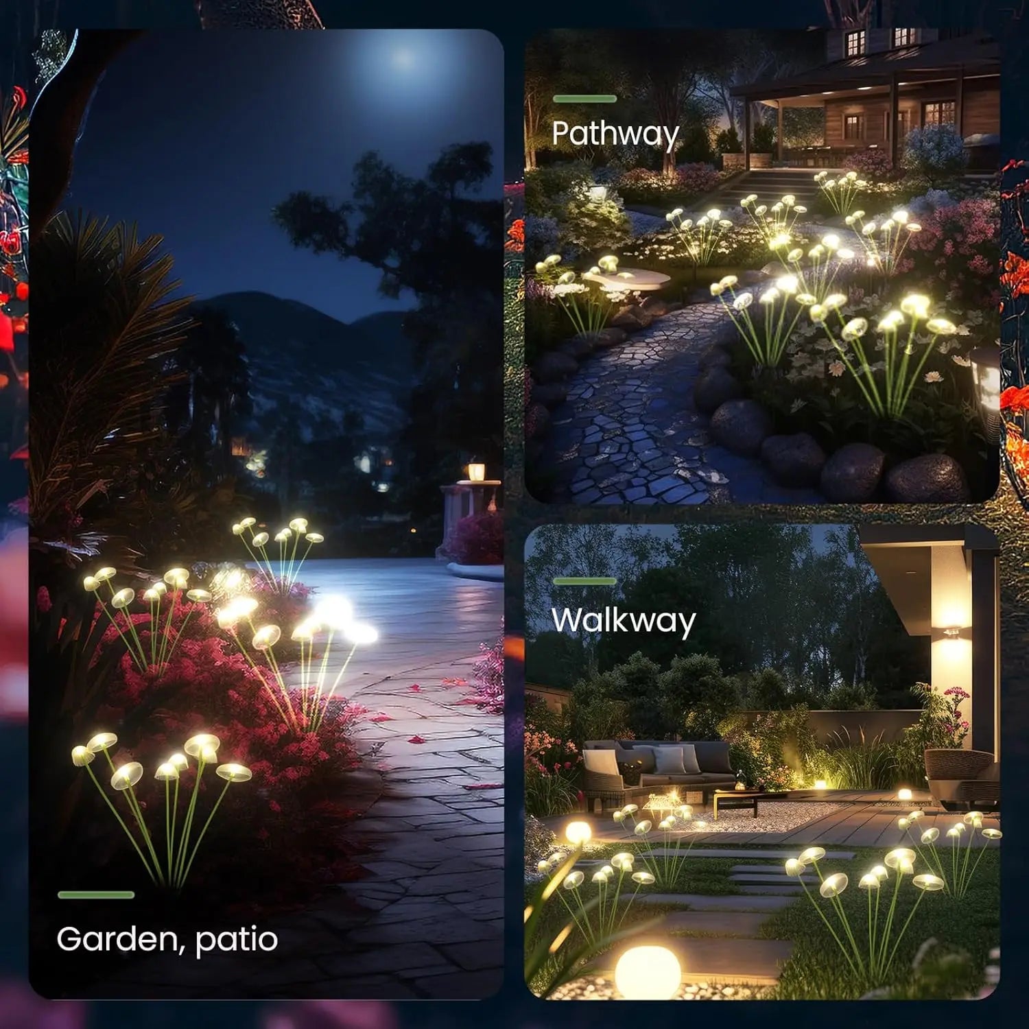 Led solar jellyfish mushroom lamp featuring glowing flower-shaped bulbs on slender stems for garden pathway lighting