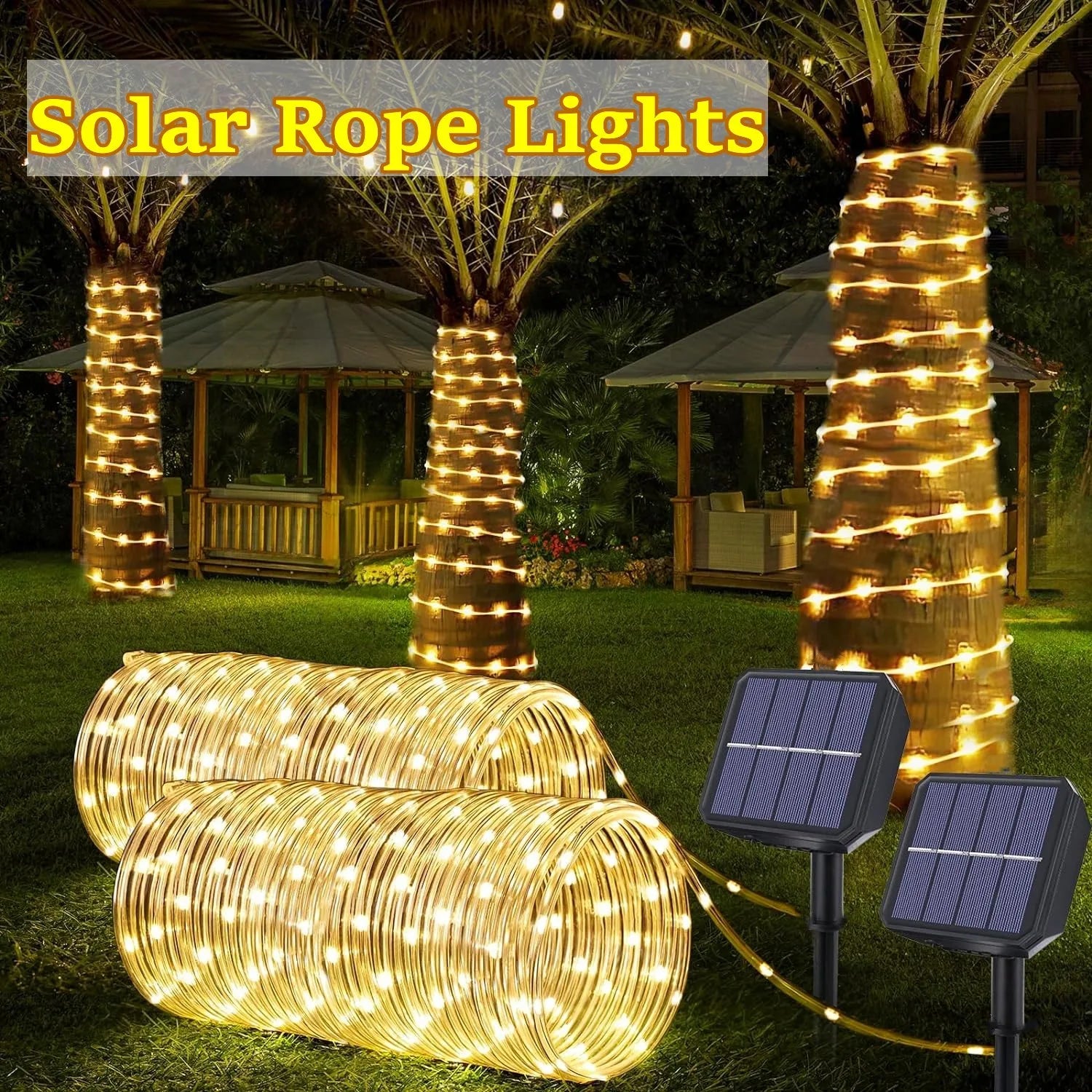 Warm white led solar strip rope lights coiled on grass with two black solar panels for outdoor garden decor