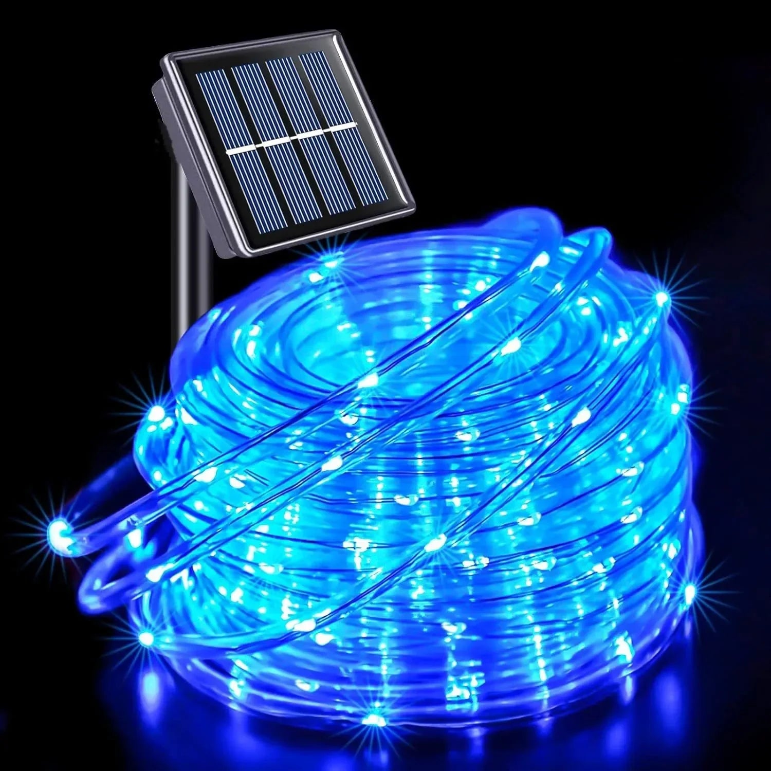 Blue solar-powered led strip rope tube fairy lights with transparent casing and integrated rectangular solar panel for outdoor decor