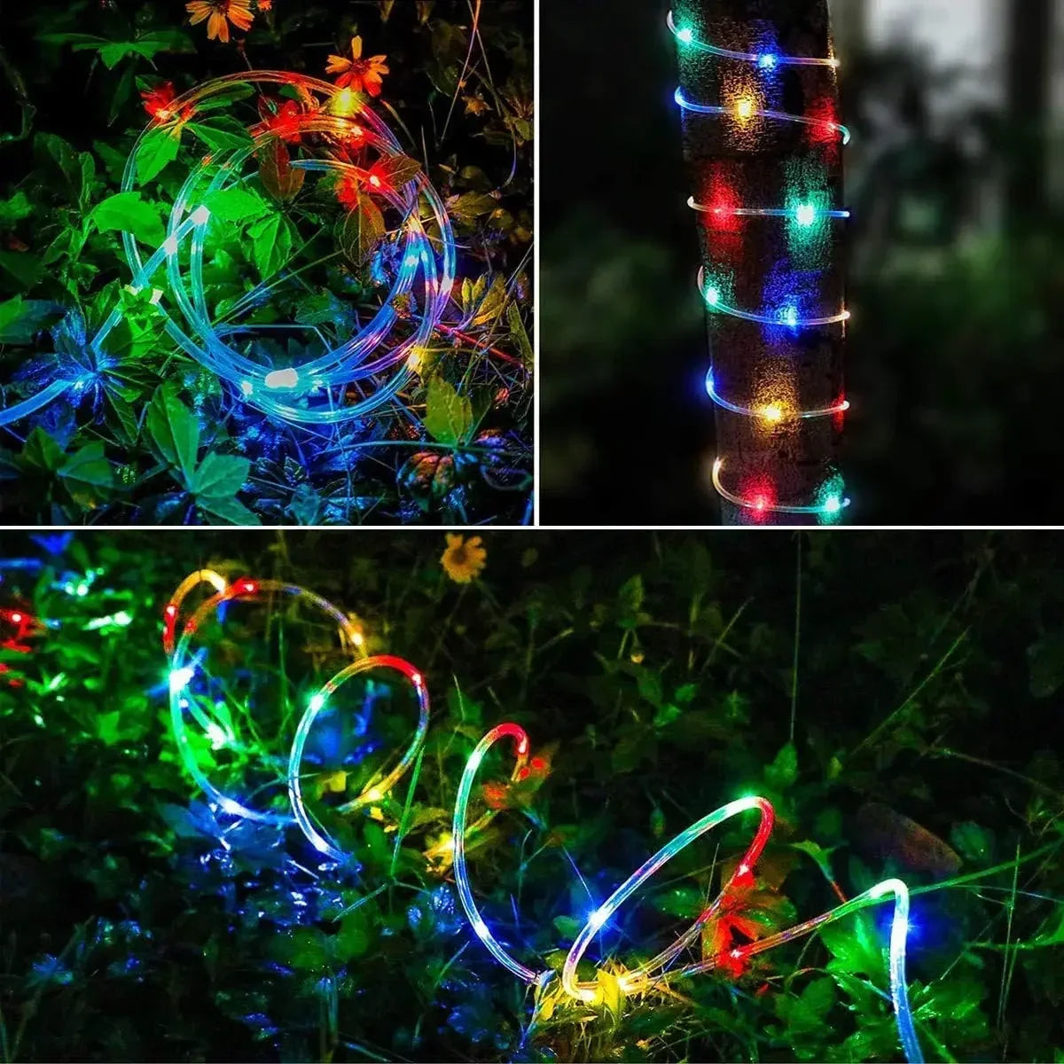 Colorful led solar strip rope tube fairy light with flexible translucent tubing and multicolored bulbs for outdoor decor