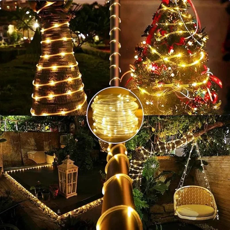 Warm white led solar strip rope tube fairy lights with flexible twisted wire for outdoor garden and yard decor