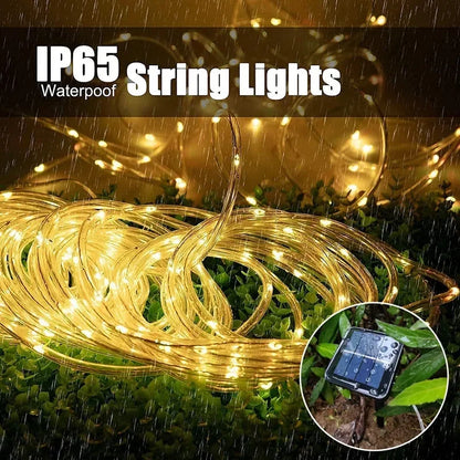 Golden led solar strip rope tube fairy lights with solar charger for outdoor garden lawn tree yard fence decoration