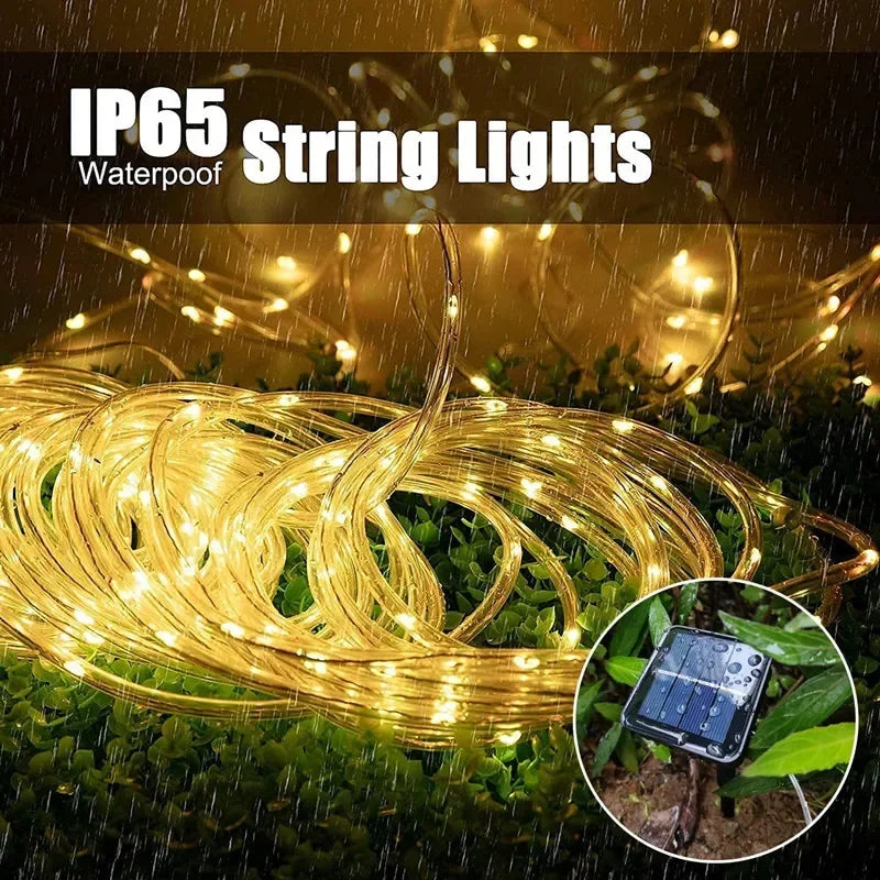 Golden led solar strip rope tube fairy lights with solar charger for outdoor garden lawn tree yard fence decoration